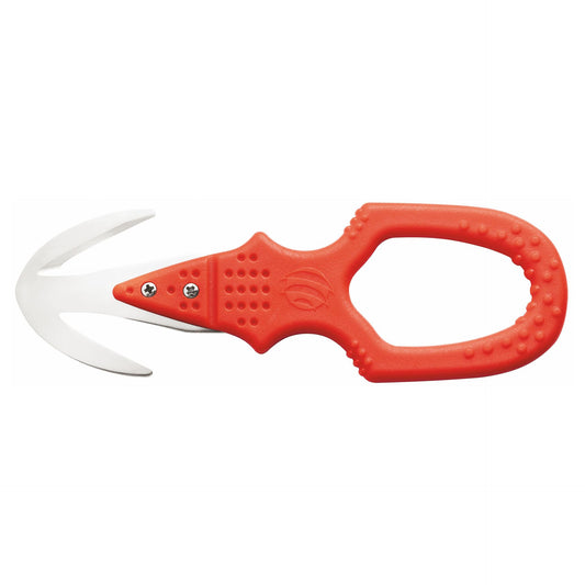 MAC Coltellerie red crocodile-shaped safety cutter with curved white blade and textured grip handle