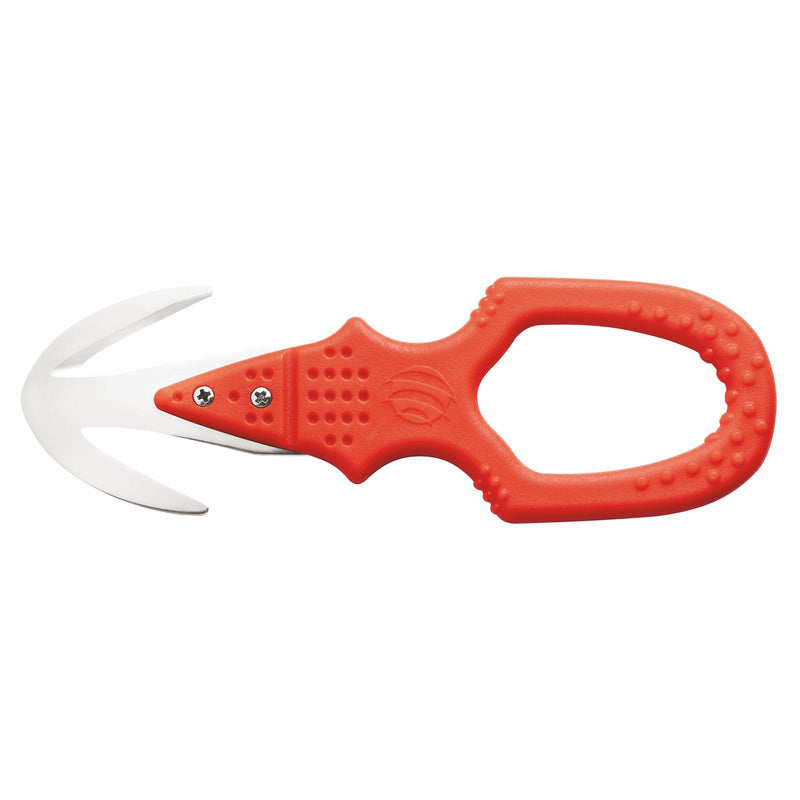 MAC Coltellerie red crocodile-shaped safety cutter with curved white blade and textured grip handle