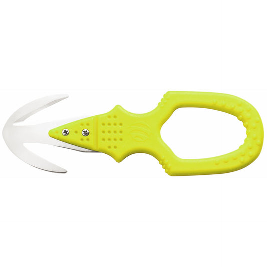 MAC Coltellerie TS09Y yellow rescue knife with serrated blade and safety cutter, front view