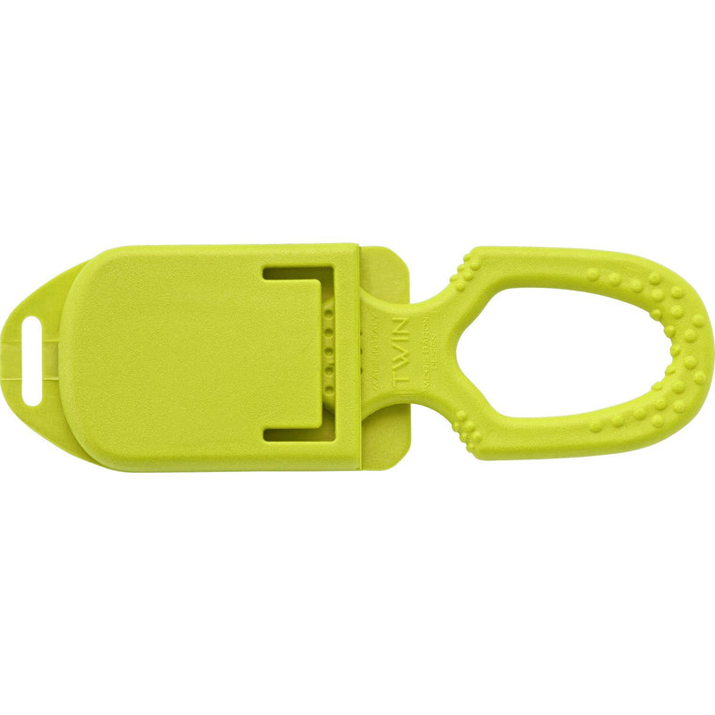 MAC Coltellerie TS09Y yellow rescue knife with serrated blade, back view showing belt clip