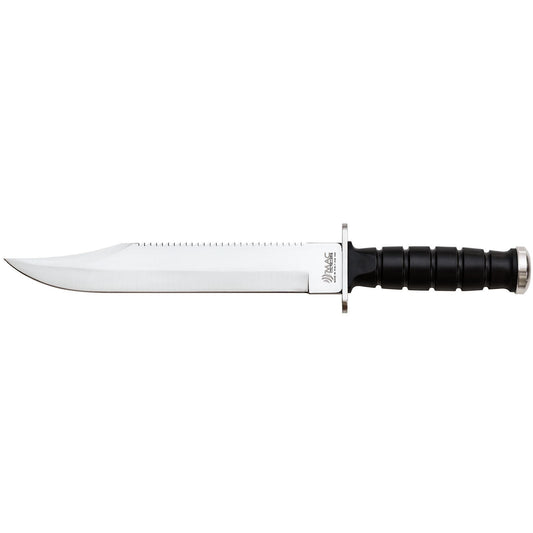 MAC Coltellerie tactical knife with black ribbed handle and stainless steel blade featuring serrated spine detail