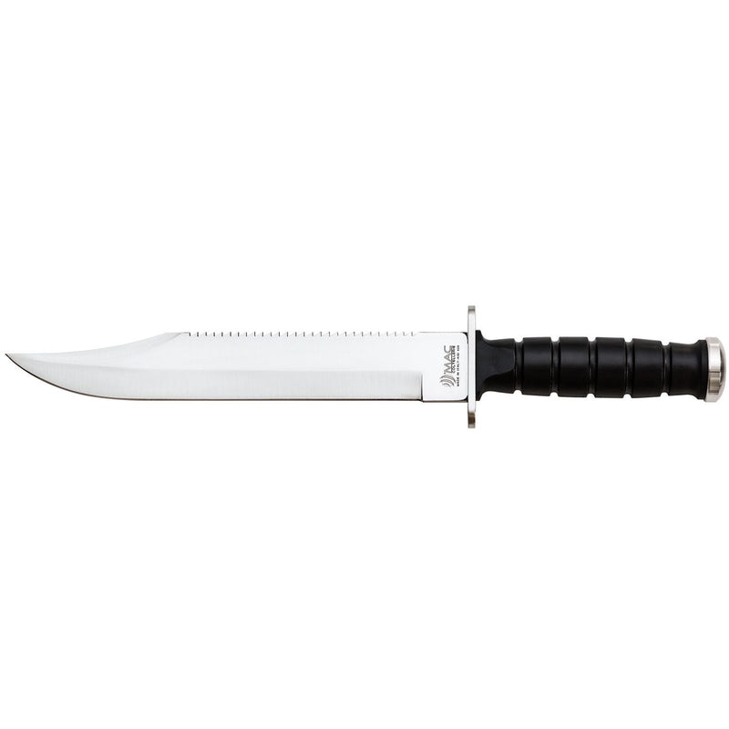MAC Coltellerie tactical knife with black ribbed handle and stainless steel blade featuring serrated spine detail