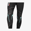 Black compression leggings with teal accents on a white background