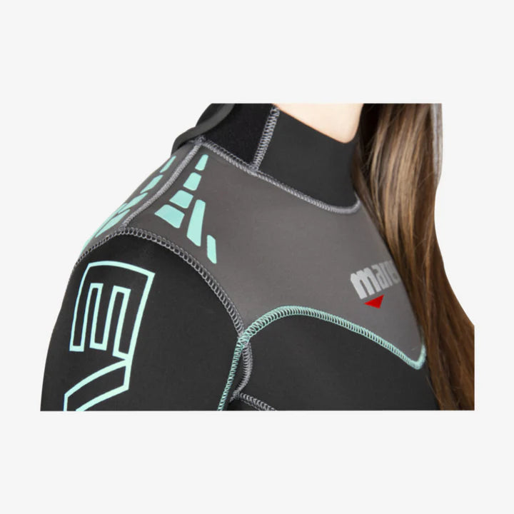Close-up of a person wearing a black wetsuit with teal accents and a brand logo on a white background.