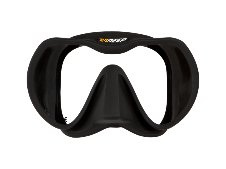 XDEEP black silicone low-profile dive mask with matte black skirt, front view.