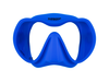 XDEEP blue silicone low-profile dive mask with clear frame and blue skirt, front view.