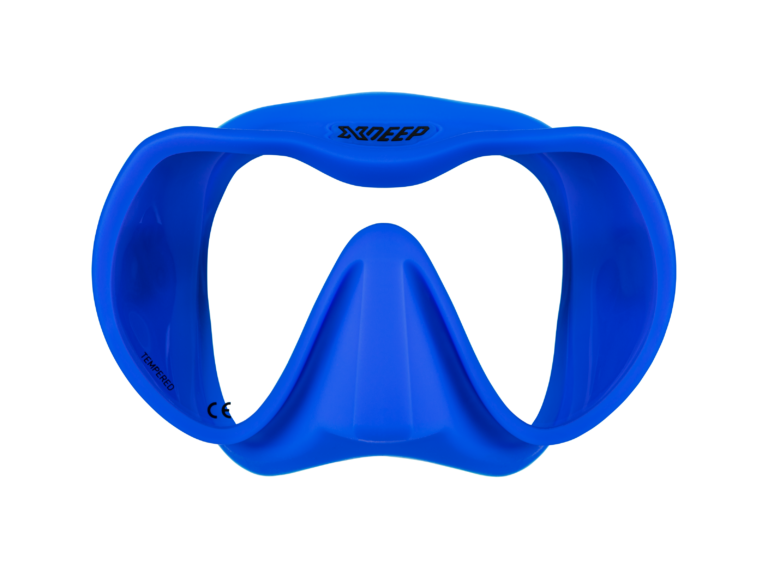 XDEEP blue silicone low-profile dive mask with clear frame and blue skirt, front view.