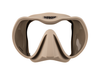 XDEEP beige silicone low-profile dive mask with clear frame and desert sand skirt, front view.
