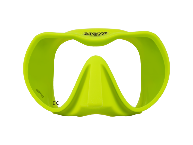 XDEEP lime silicone low-profile dive mask with clear frame and lime green skirt, front view.