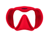XDEEP red silicone low-profile dive mask with clear frame and red skirt, front view.