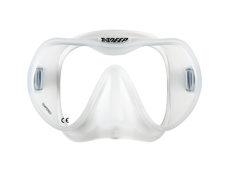 XDEEP clear silicone low-profile dive mask with transparent skirt, front view.
