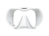 XDEEP white silicone low-profile dive mask with clear frame and white skirt, front view.