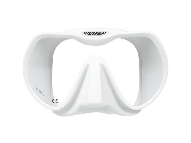 XDEEP white silicone low-profile dive mask with clear frame and white skirt, front view.