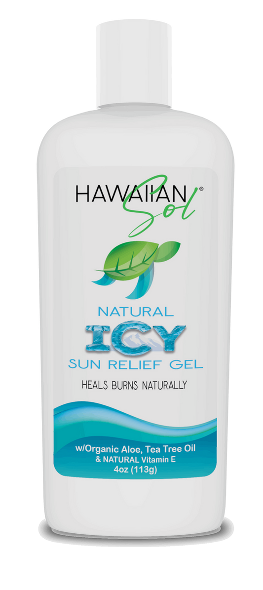 Hawaiian Sol Natural Icy Sun Relief Gel - 4oz bottle with organic aloe, tea tree oil and Vitamin E for sunburn relief