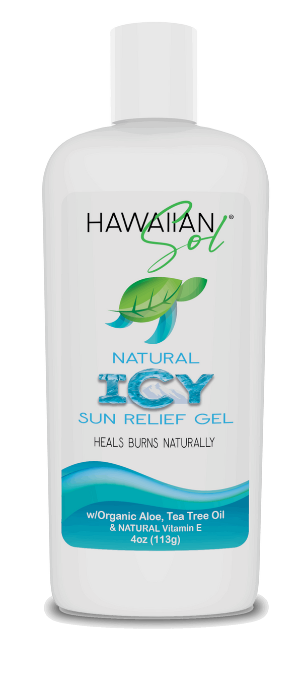 Hawaiian Sol Natural Icy Sun Relief Gel - 4oz bottle with organic aloe, tea tree oil and Vitamin E for sunburn relief