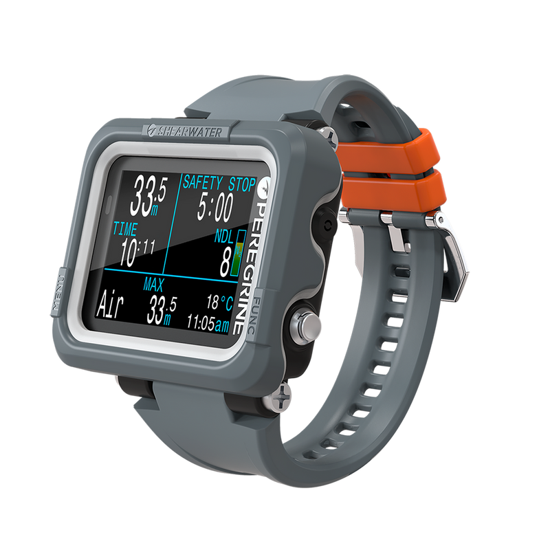 Shearwater Peregrine Dark Dive Computer – Top View with Black Silicone Strap