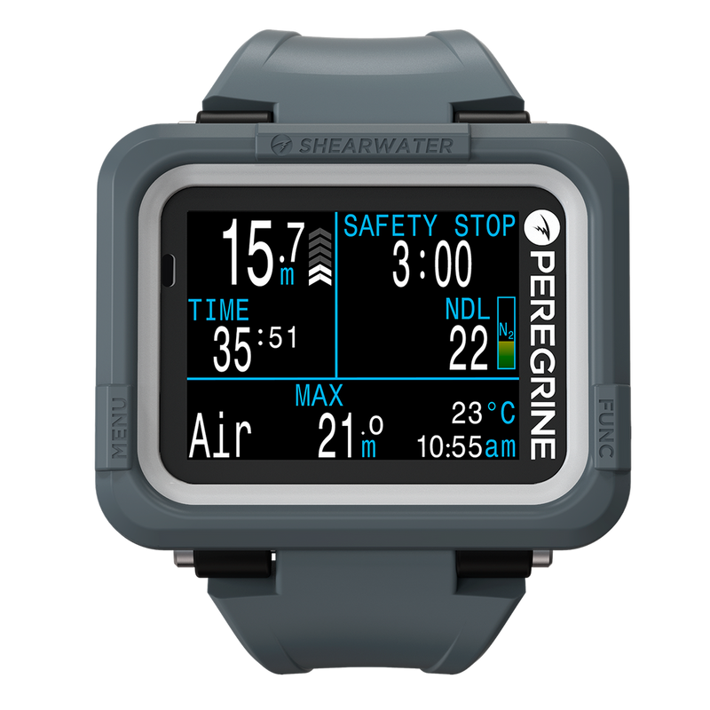 Shearwater Peregrine Dark Dive Computer – Front View Showing Dive Depth at 15m