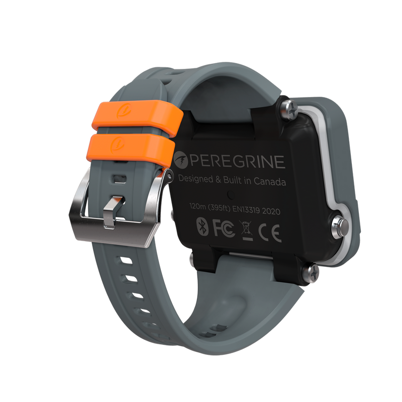 Shearwater Peregrine Dive Computer – Rear Perspective with Short Orange Loop Strap