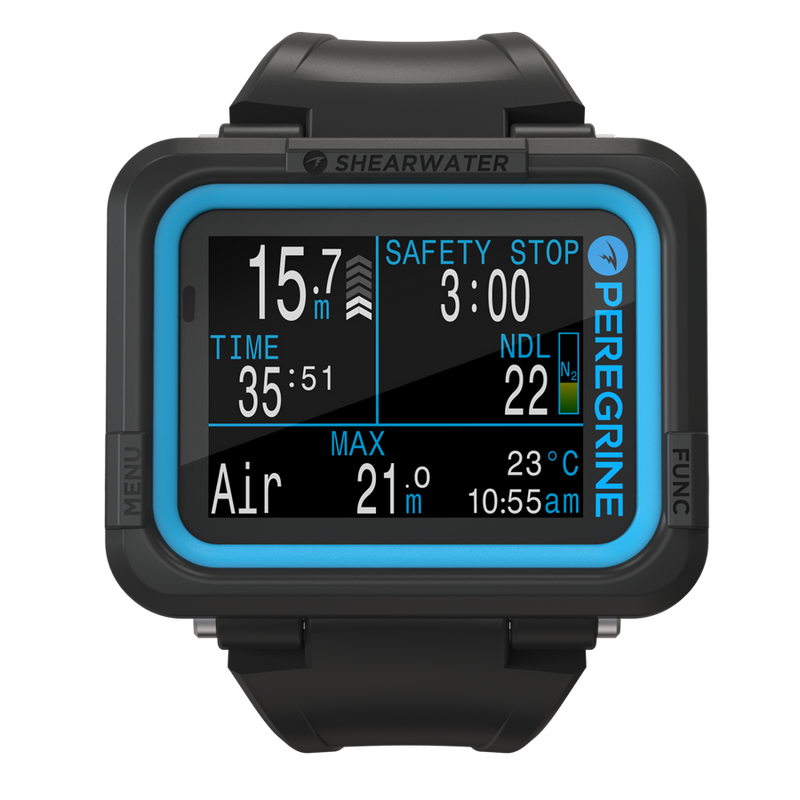 Shearwater Peregrine Dive Computer – Front View Displaying Air Safety Stop at 15.7m