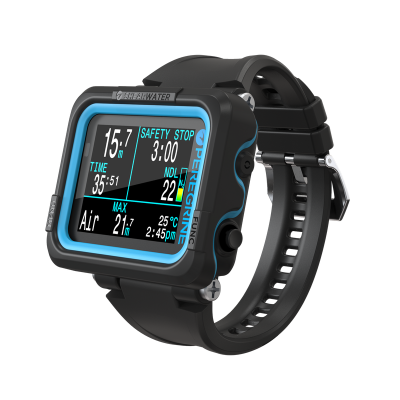 Shearwater Peregrine Dive Computer – Perspective View Showing 15.7m Depth Screen