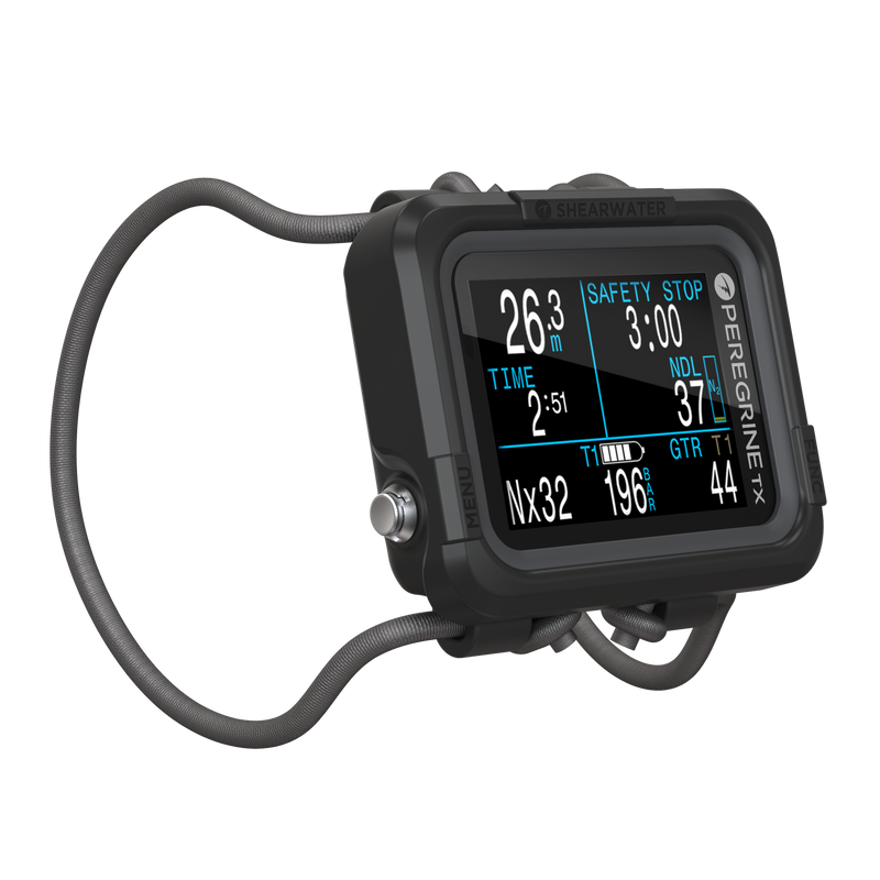 Shearwater Peregrine TX Dive Computer – Right Isometric View Showing NX32 Descent at 26M with Shock Cord