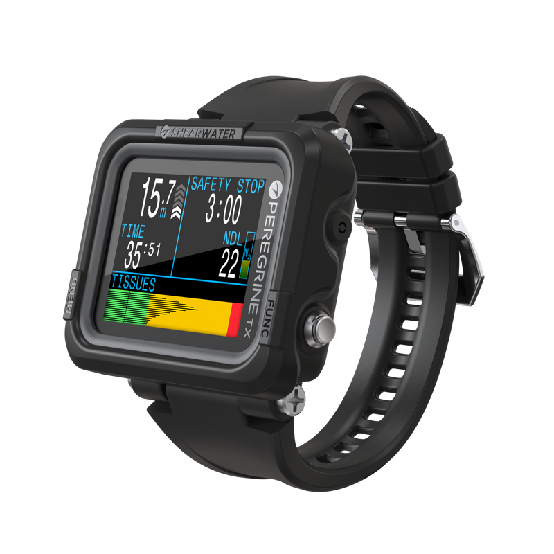 Shearwater Peregrine TX Dive Computer – Left Isometric View Showing Tissues and Compass with Black Strap