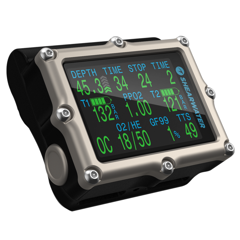 Shearwater Petrel 3 Dive Computer – Upright Perspective Showing OC TEC Mode Screen