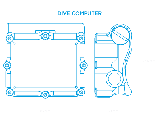 Shearwater Petrel 3 Dive Computer – Line Drawing Technical Specifications Diagram