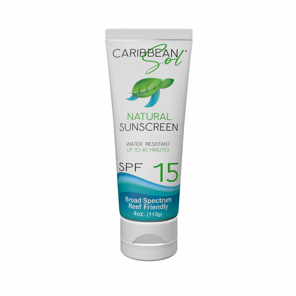 Caribbean Sol Natural Sunscreen SPF 15 - 4oz tube with reef-friendly broad spectrum protection and sea turtle logo