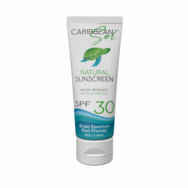 Caribbean Sol Natural Sunscreen SPF 30 - 4oz tube with water-resistant reef-friendly formula and sea turtle branding