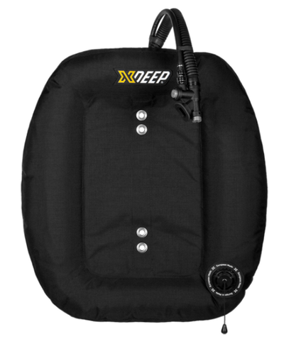 XDEEP HYDROS BC front view – compact wing-style scuba BCD with black durable shell and inflator