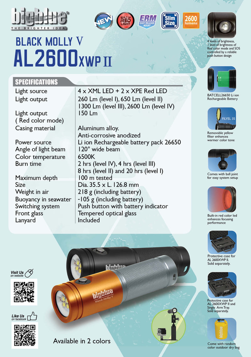 Black Molly VII 2900 Lumen Video Light, Wide Beam Underwater Illumination, Technical Dive Accessory