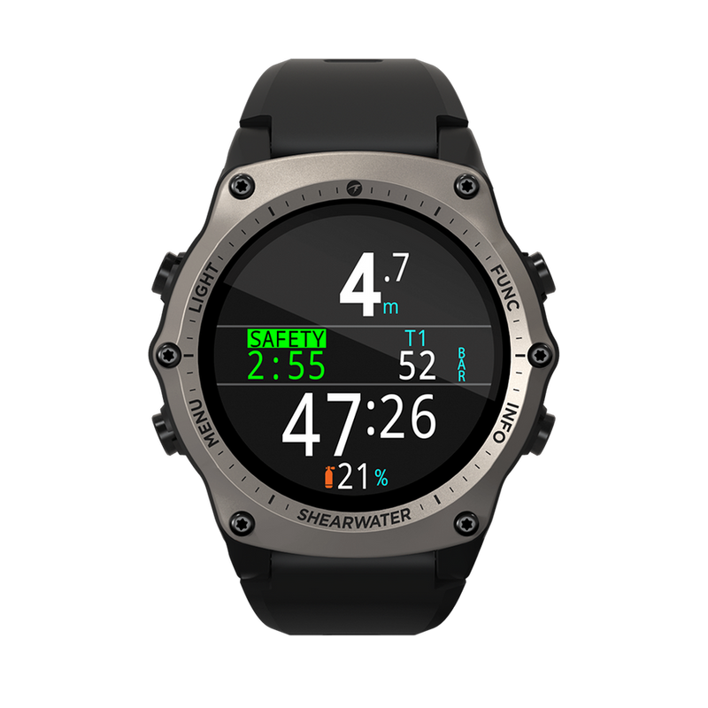 Shearwater Teric Dive Computer – Front View Showing Descent Air Mode with Silver Band
