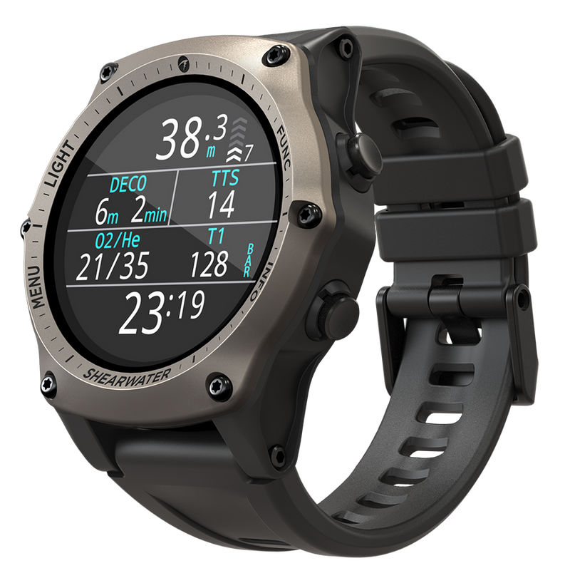 Shearwater Teric Dive Computer – Perspective View with Stainless Steel Black Bezel