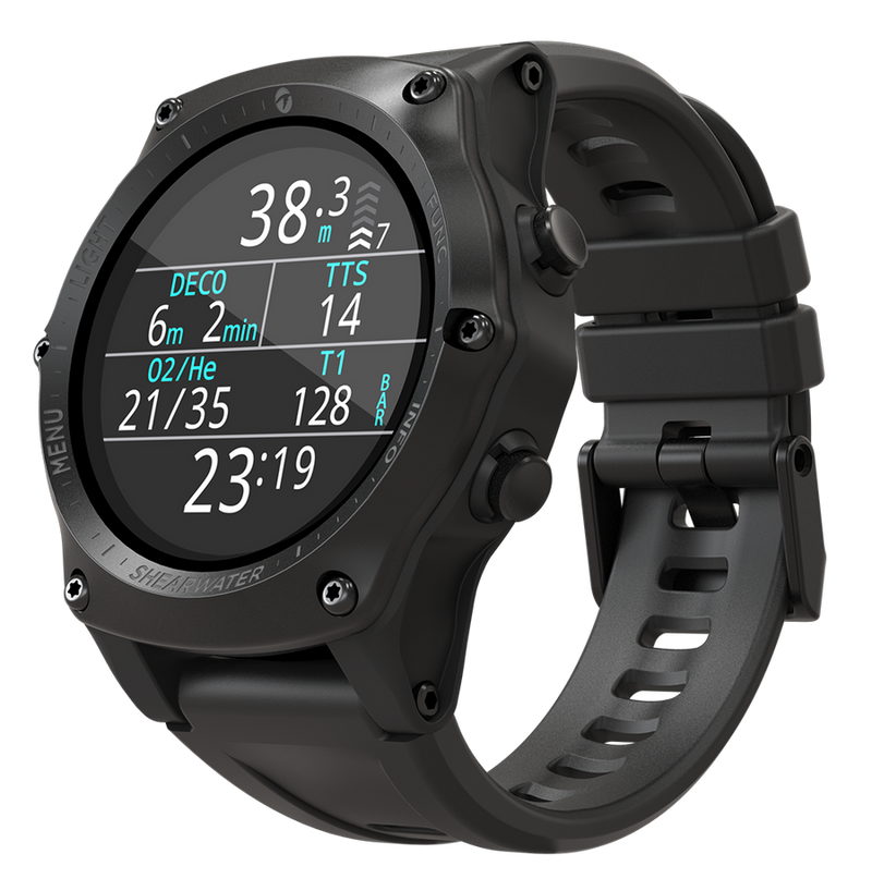 Shearwater Teric Dive Computer – Perspective View with OC/TEC Stand and Black Strap