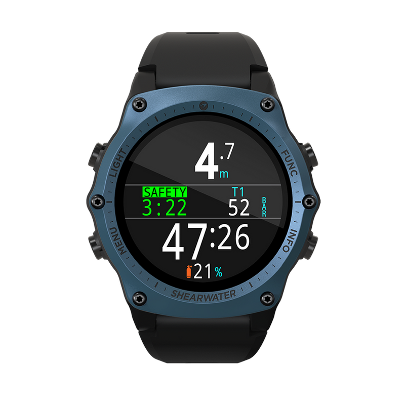 Shearwater Teric Dive Computer – Front View Showing Descent Air Mode with Blue Band
