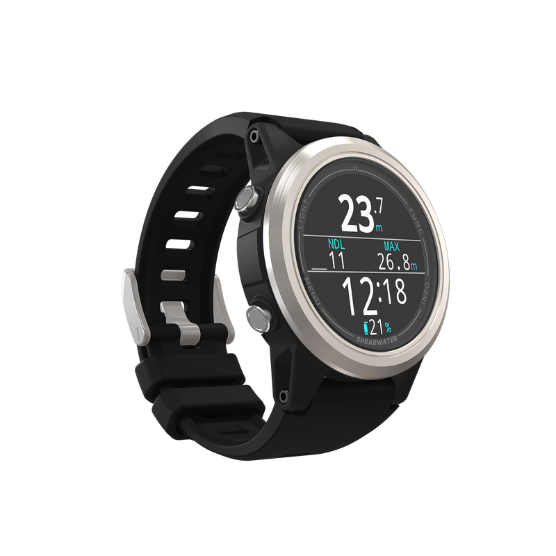 Shearwater Tern Dive Computer – Isometric Right View Showing Air Mode at 23M with Black Strap