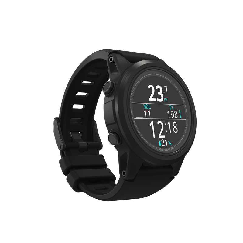 Shearwater Tern TX Dive Computer – Isometric Right View Showing Air Mode at 23M with Black Strap