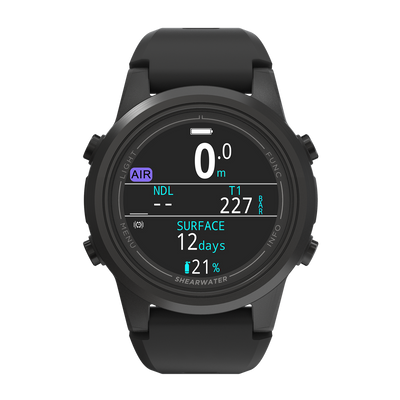 Shearwater Tern TX Dive Computer – Front View Showing Air Mode at Surface (0M) with Black Strap