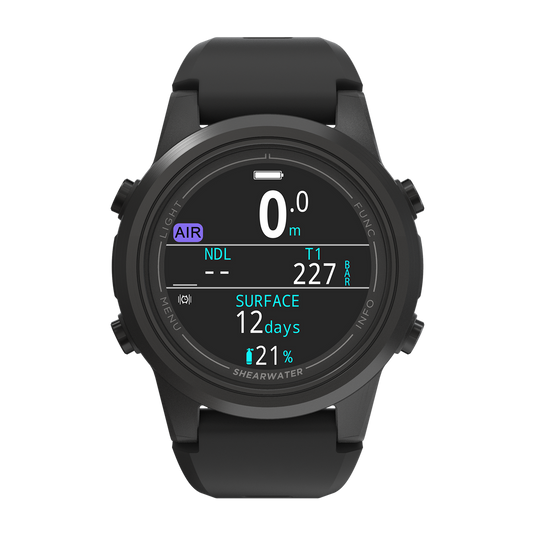 Shearwater Tern TX Dive Computer – Front View Showing Air Mode at Surface (0M) with Black Strap