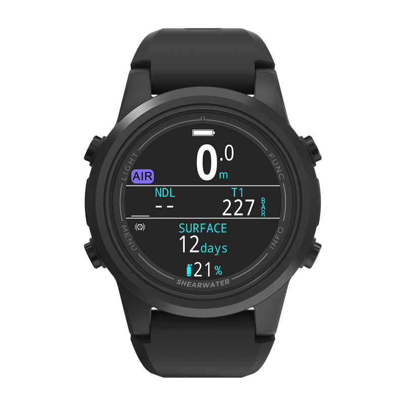 Shearwater Tern TX Dive Computer – Front View Showing Air Mode at Surface (0M) with Black Strap
