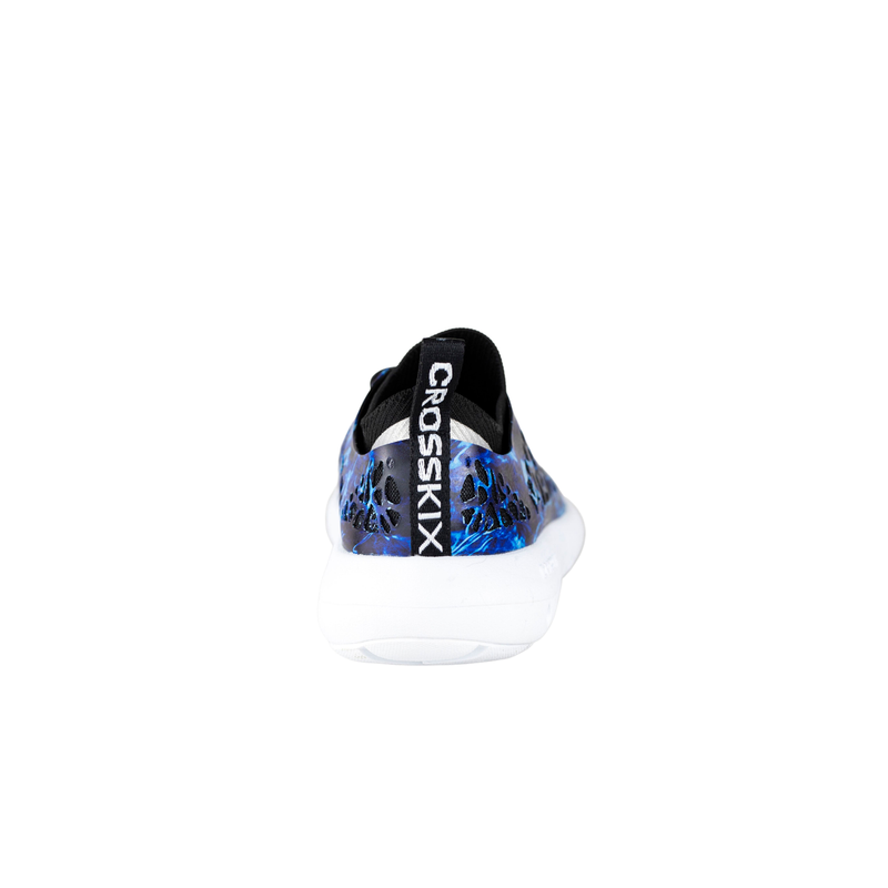 Back view of Crosskix Tetra Agua water shoe showing black heel with white Crosskix logo and blue camouflage pattern extending to heel area
