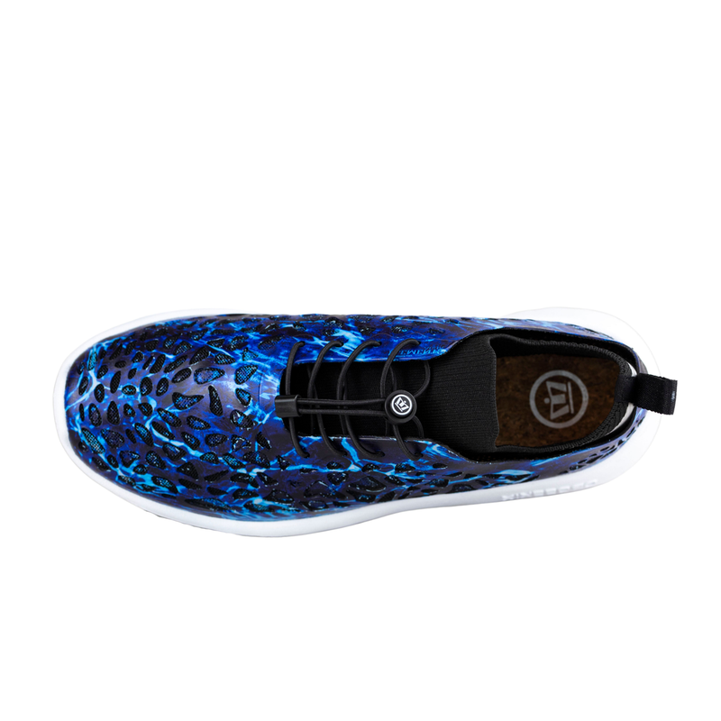 Crosskix Tetra Agua water shoe in blue camouflage pattern, top view showing slip-on design with black elastic heel strap and white sole