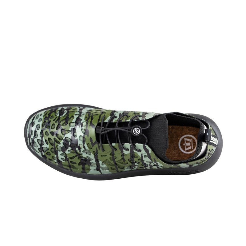 Crosskix Tetra Bottomland shoe top view displaying the Mossy Oak camouflage pattern upper with black heel tab and brown insole visible