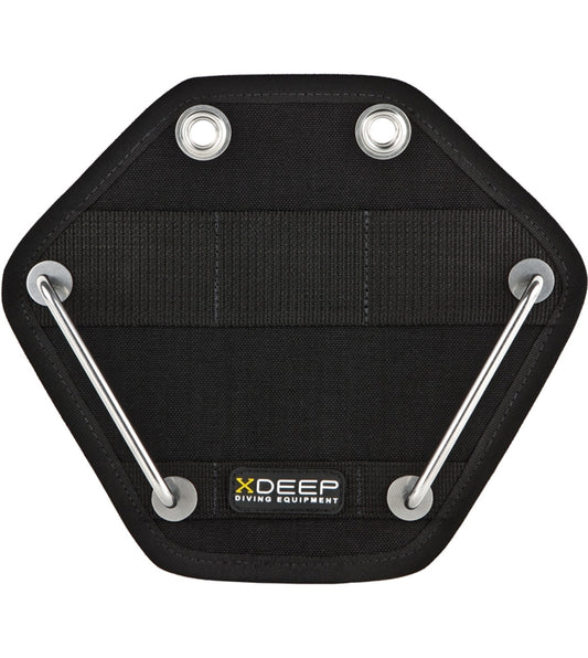 XDEEP Additional Butt Plate for Steel Tanks – black aluminum mounting plate with integrated tank attachment rails and reinforced grommets