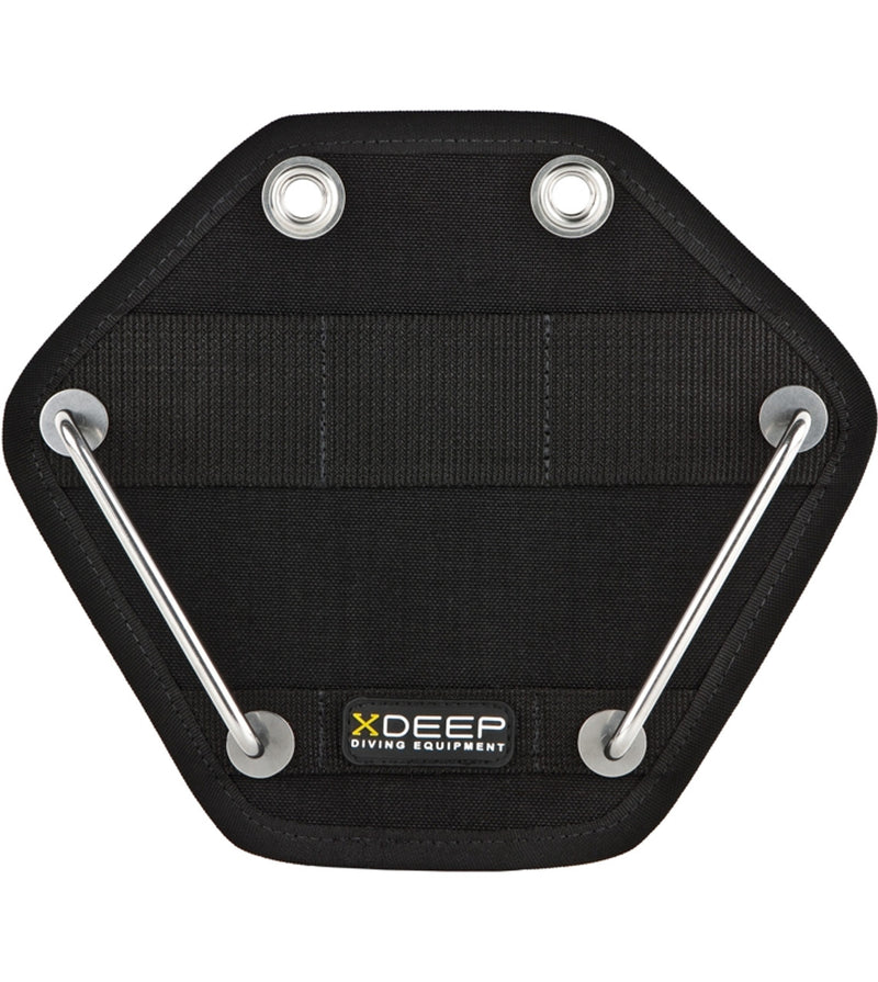 XDEEP Additional Butt Plate for Steel Tanks – black aluminum mounting plate with integrated tank attachment rails and reinforced grommets
