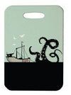 Innovate Scuba Concepts luggage tag showing a black kraken attacking a fishing boat above a black ocean, set against a light sage background.