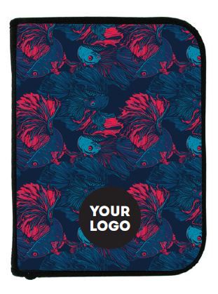 Customizable scuba diving logbook cover with tropical fish pattern in blue and red colors featuring "YOUR LOGO" placeholder - Innovative Scuba Concepts