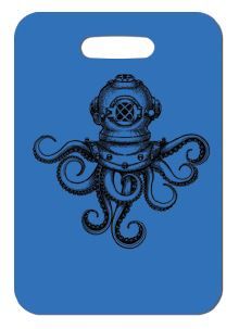 Innovate Scuba Concepts luggage tag with two stylized yellow seahorses facing each other on a black background.