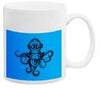 White ceramic mug with bright blue background featuring black octopus silhouette design
